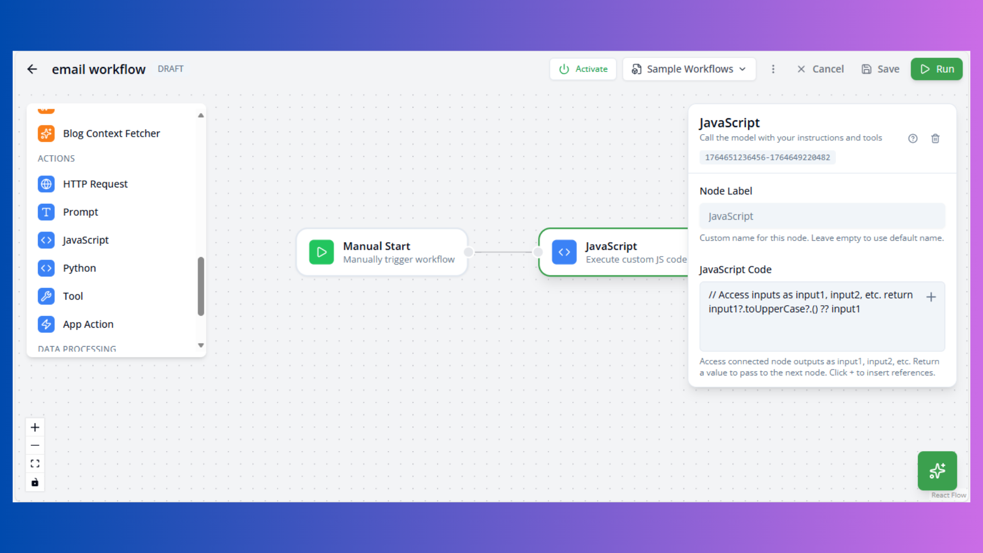 Workflow JavaScript Node