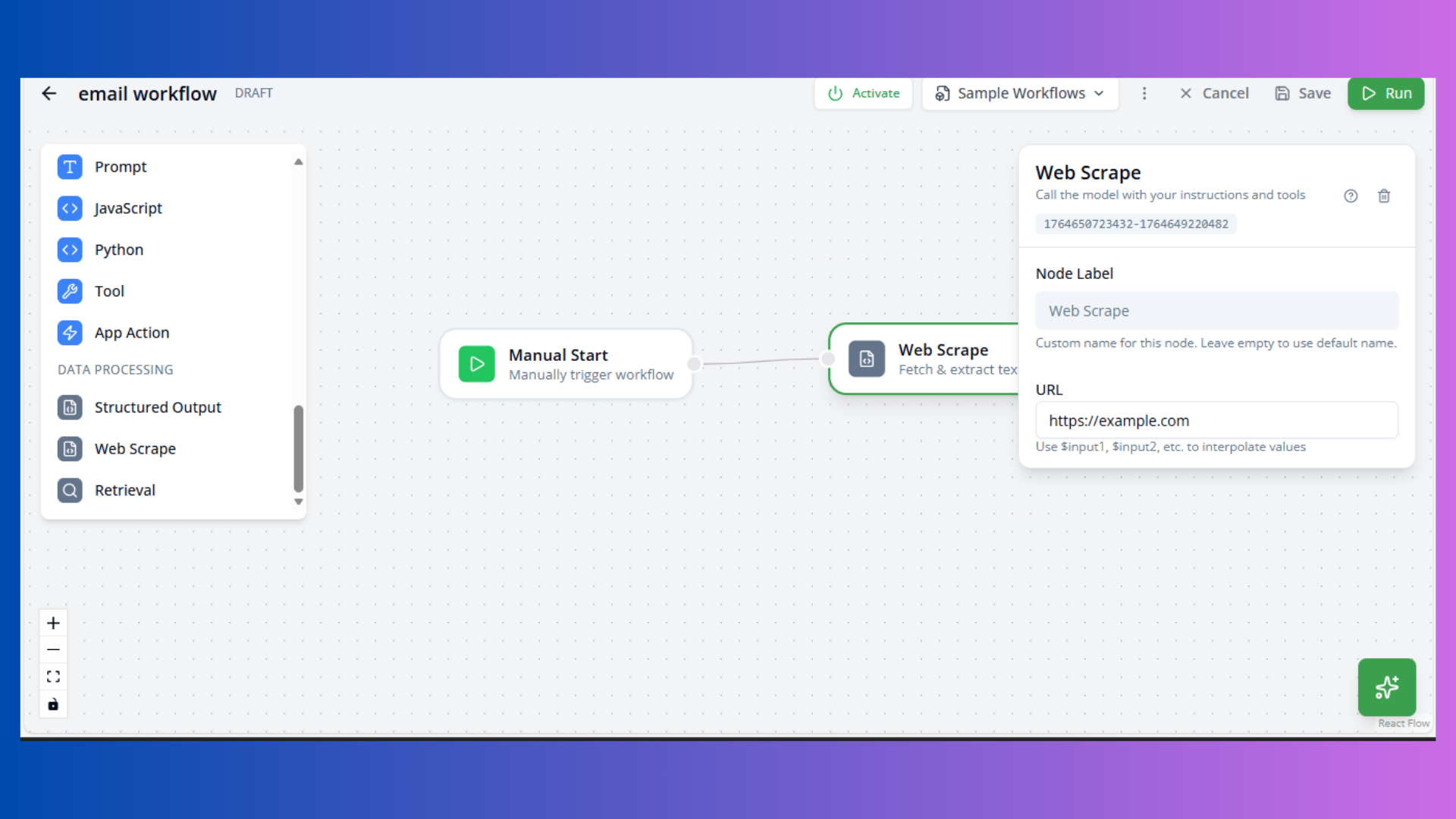 Workflow Web Scrape Node